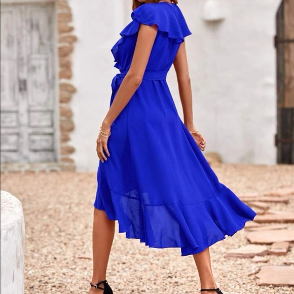 Boho burgundy butterfly sleeve blue ruffle hem belted wrap dress - Picture 16 of 16